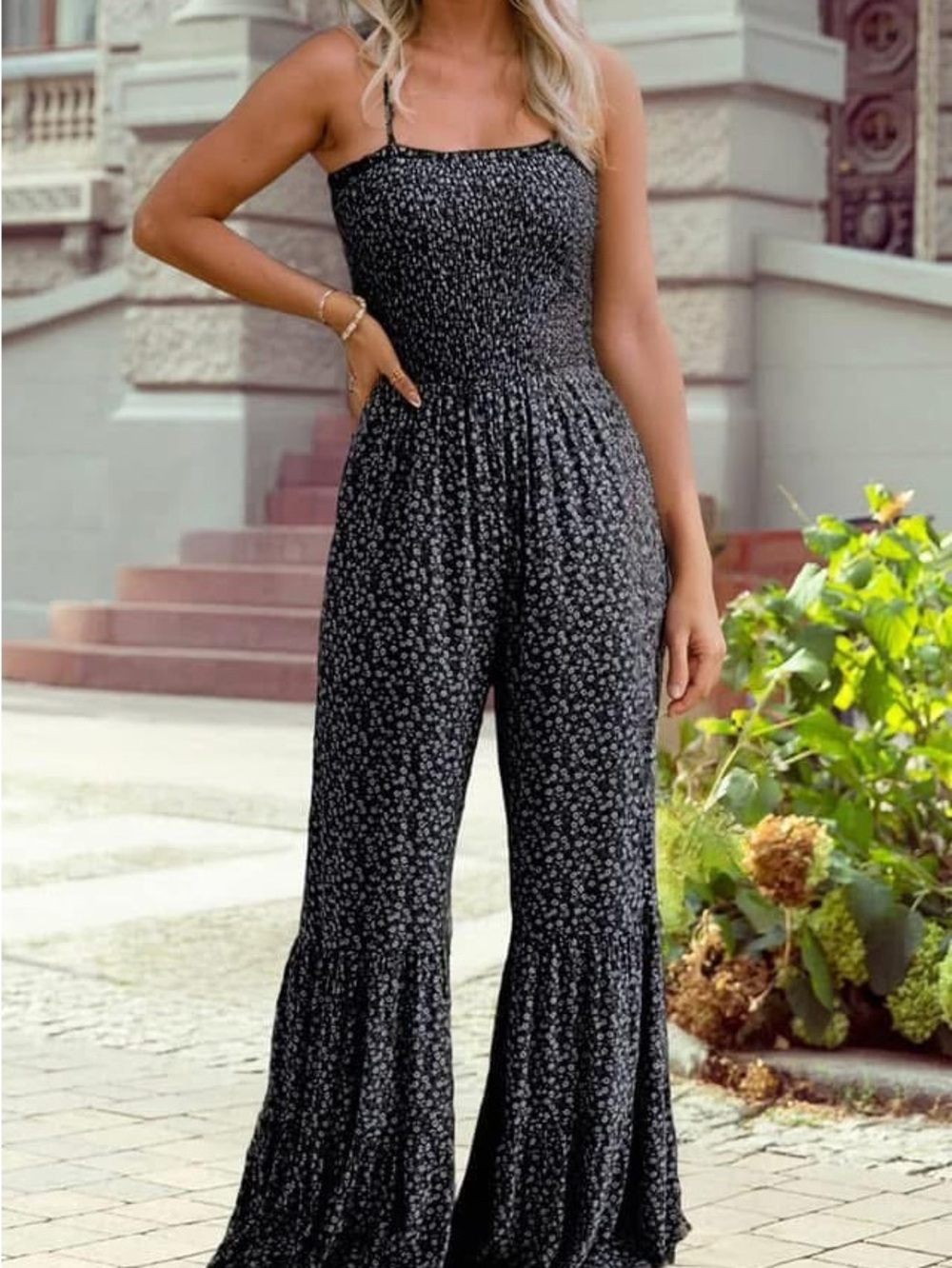 Smocked Black Floral Jumpsuit with Wide Leg